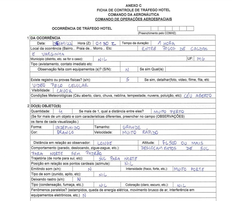 Relato de avistamento de óvnis entre Poços de Caldas e Varginha