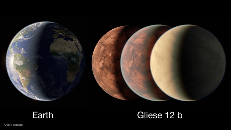 Terra comparada com o Gliese 12 b (que aparece em diferentes interpretações sobre a presença de uma atmosfera)
