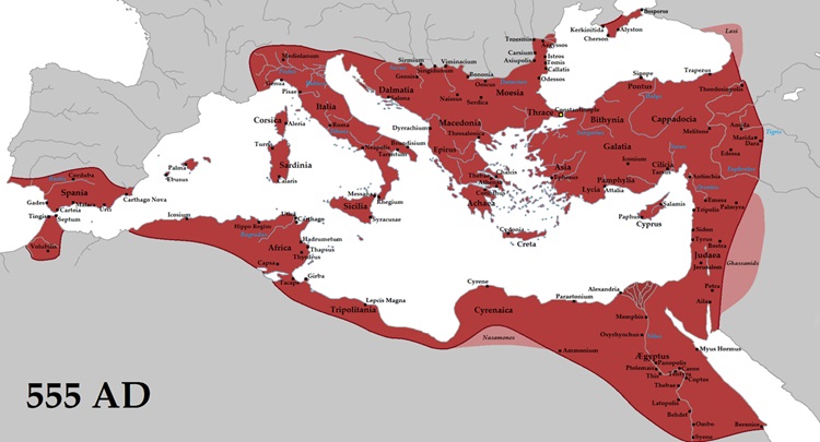 Império Bizantino em 555 d.C.